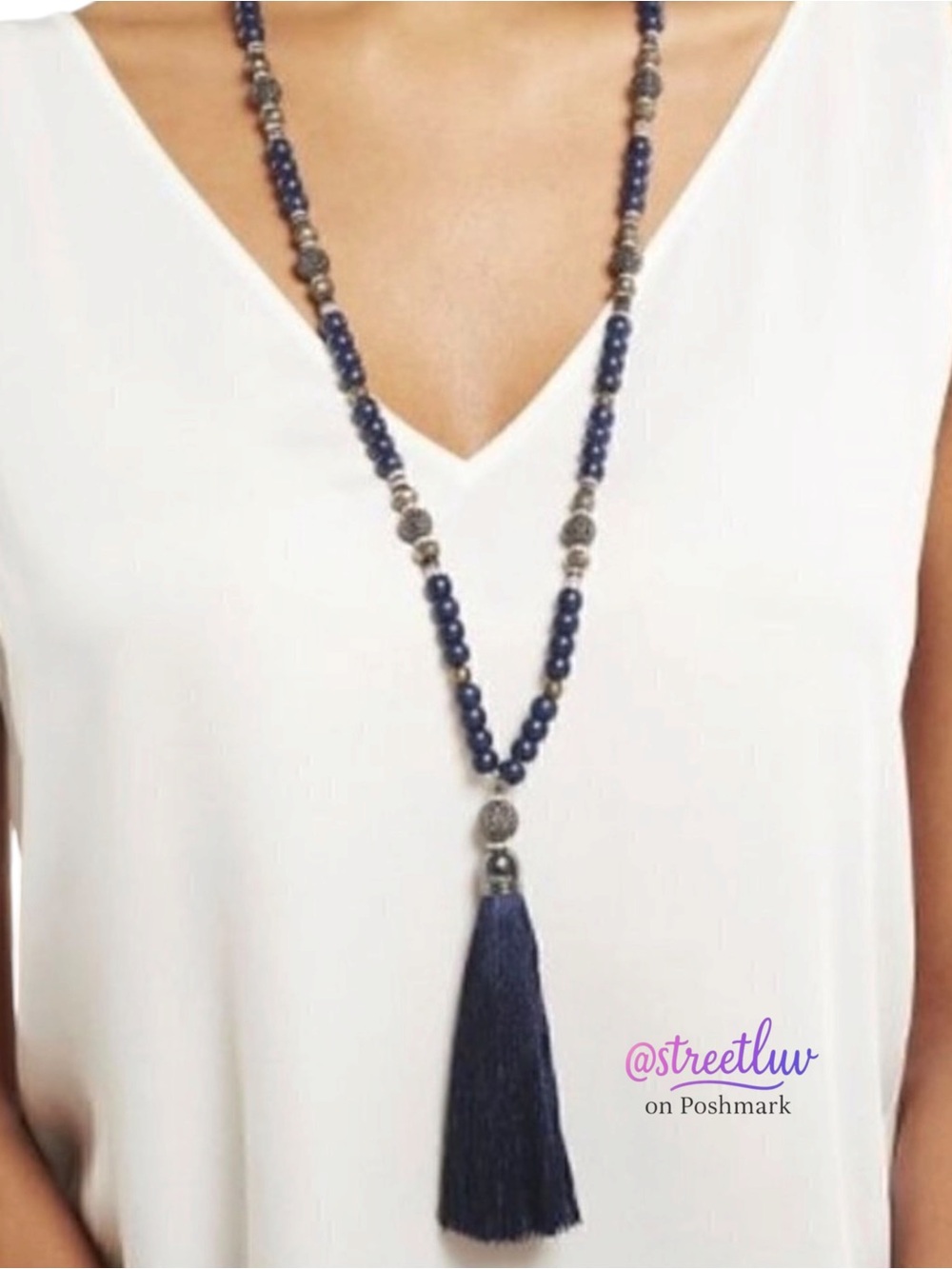 Stella & Dot Trove Tassel Necklace Navy Blue Beaded Long Statement